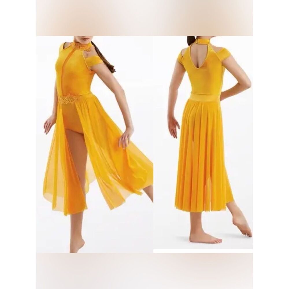 WEISSMAN Dance Costume yellow velvet maxi appliqué dress WASTE OF TIME 10984 SA
